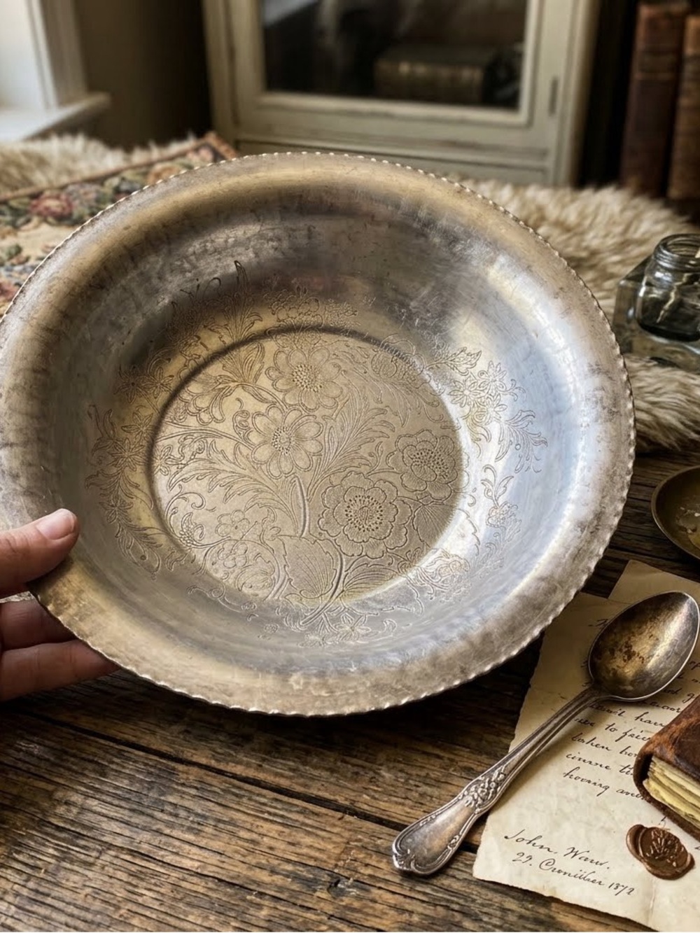 Vintage 1940s Hand Wrought Aluminum Floral Bowl, Wilson Specialties Maker